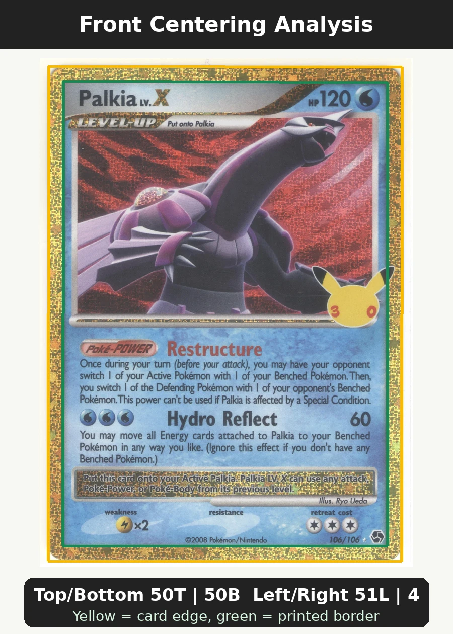 Palkia 106 30th Classic Collection front centering analysis showing Top/Bottom 50T | 50B and Left/Right 51L | 49R.