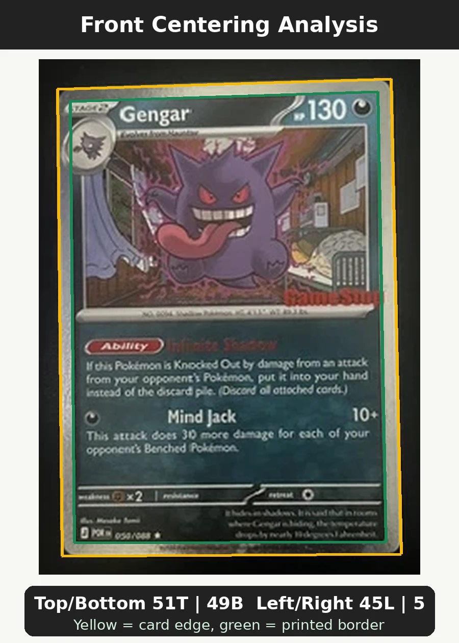 Gengar 050/88 Perfect Order front centering analysis showing Top/Bottom 51T | 49B and Left/Right 45L | 55R.