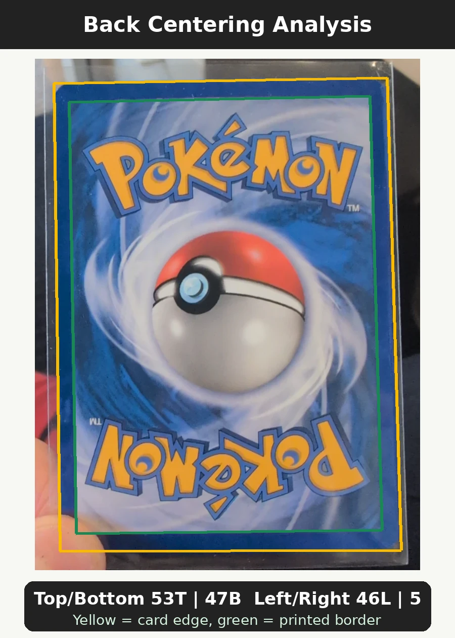 Meowth 013/40 Nintendo Black Star Promos back centering analysis showing Top/Bottom 53T | 47B and Left/Right 46L | 54R.