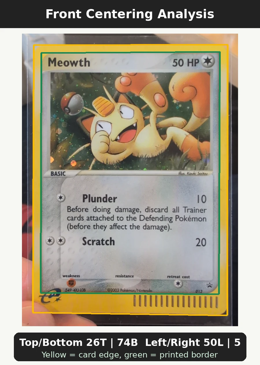 Meowth 013/40 Nintendo Black Star Promos front centering analysis showing Top/Bottom 26T | 74B and Left/Right 50L | 50R.
