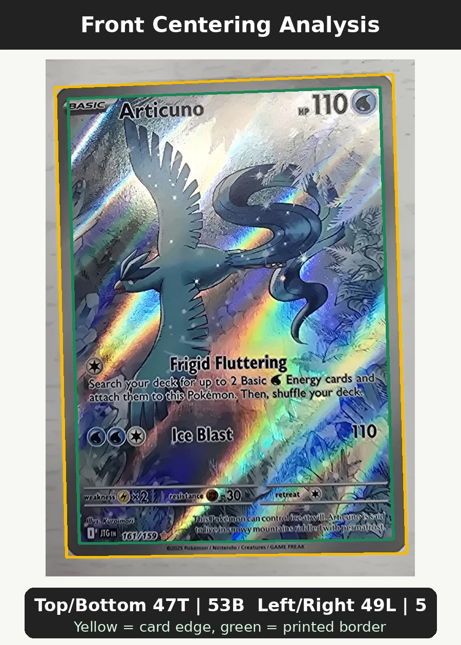 Articuno 161/159 Journey Together front centering analysis showing Top/Bottom 47T | 53B and Left/Right 49L | 51R.