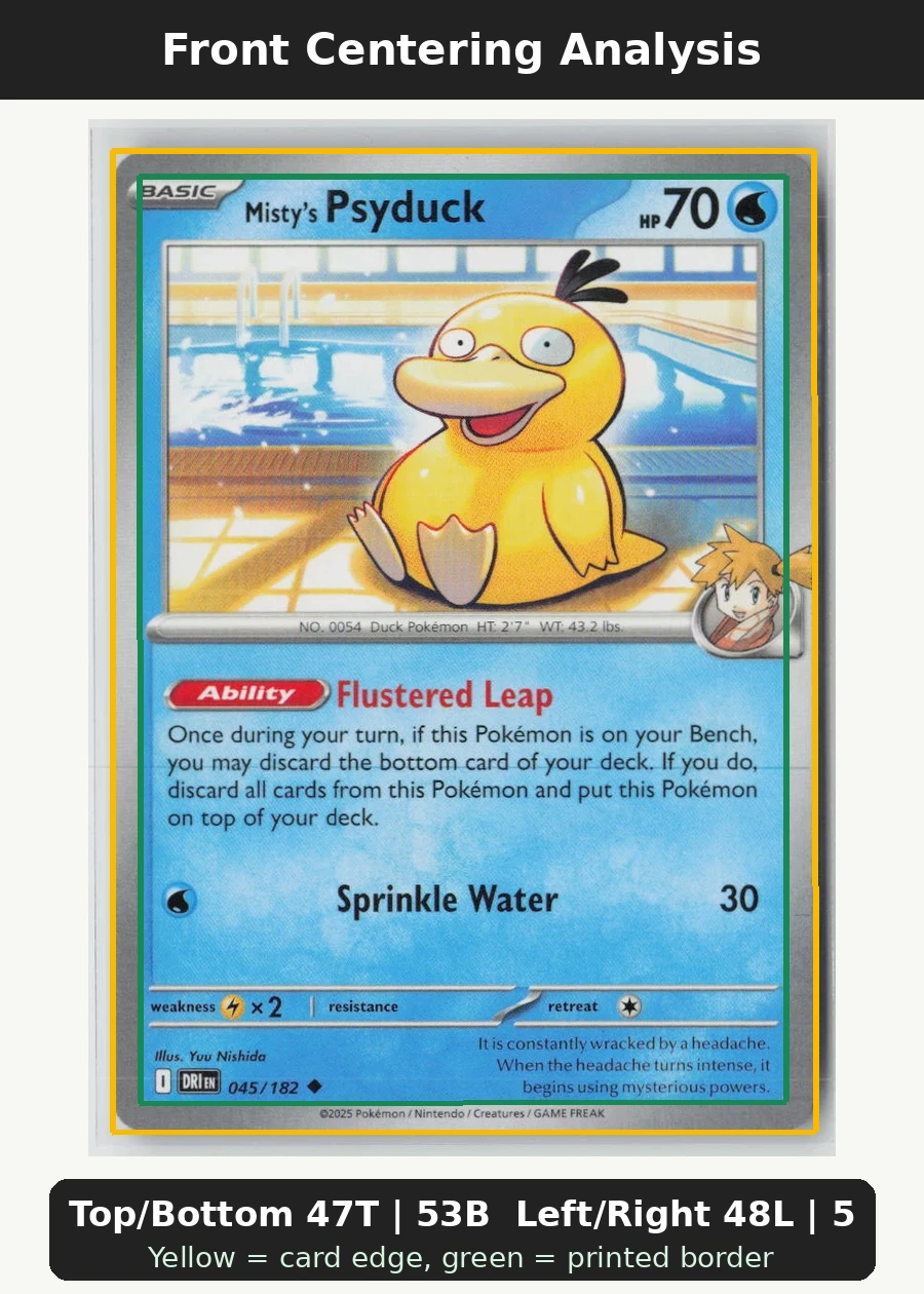 Misty's Psyduck 045/182 · Normal Destined Rivals front centering analysis showing Top/Bottom 47T | 53B and Left/Right 48L | 52R.