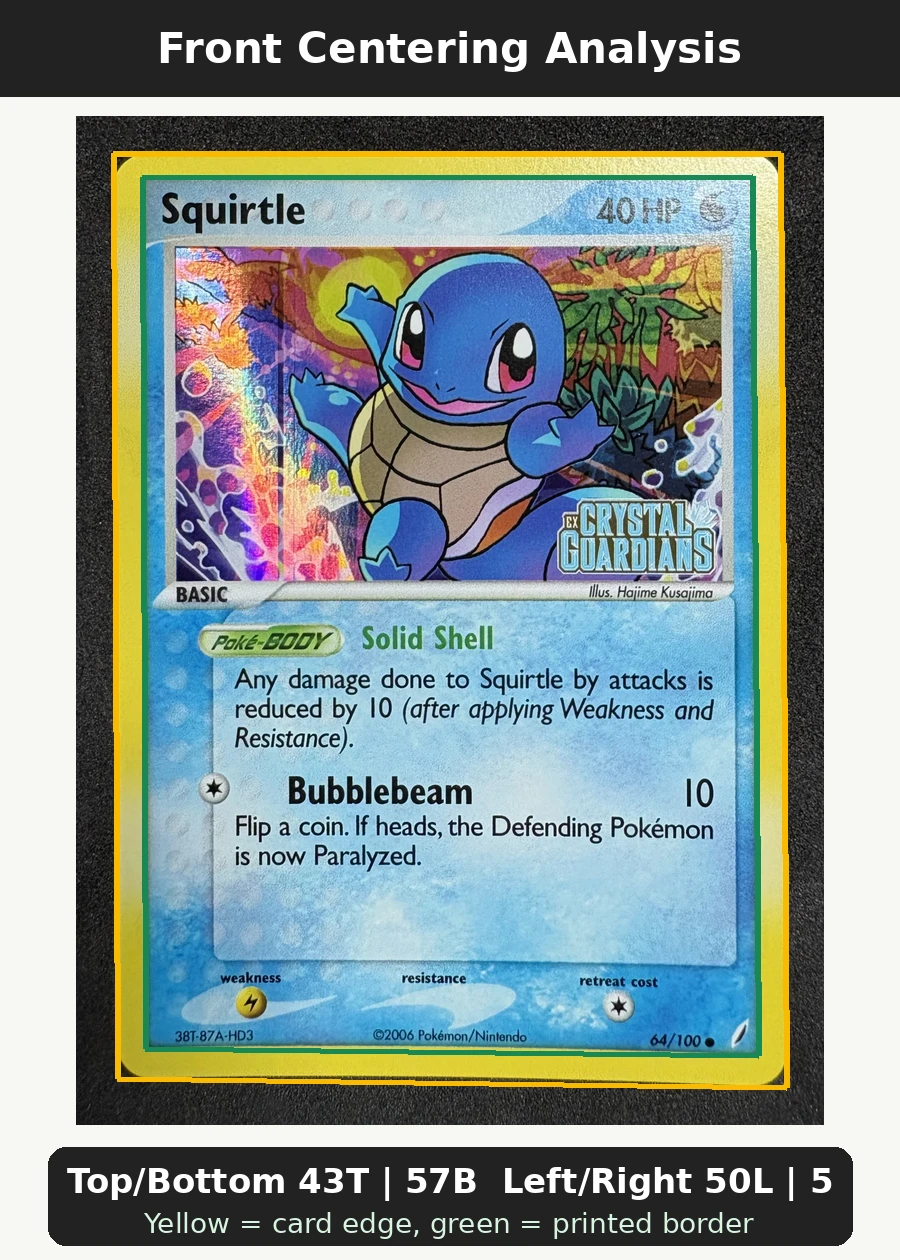 Squirtle 064/100 Crystal Guardians front centering analysis showing Top/Bottom 43T | 57B and Left/Right 50L | 50R.