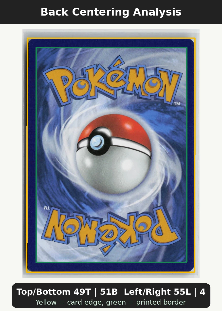 Misty's Psyduck 045/182 · Normal Destined Rivals back centering analysis showing Top/Bottom 49T | 51B and Left/Right 55L | 45R.