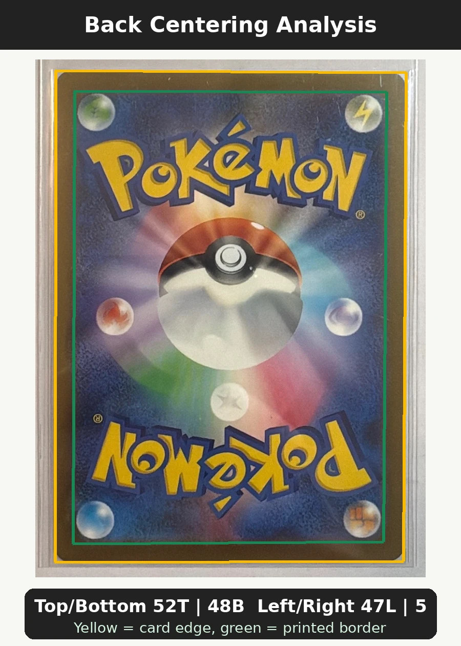 N's Zoroark ex 286/217 Ascended Heroes back centering analysis showing Top/Bottom 52T | 48B and Left/Right 47L | 53R.