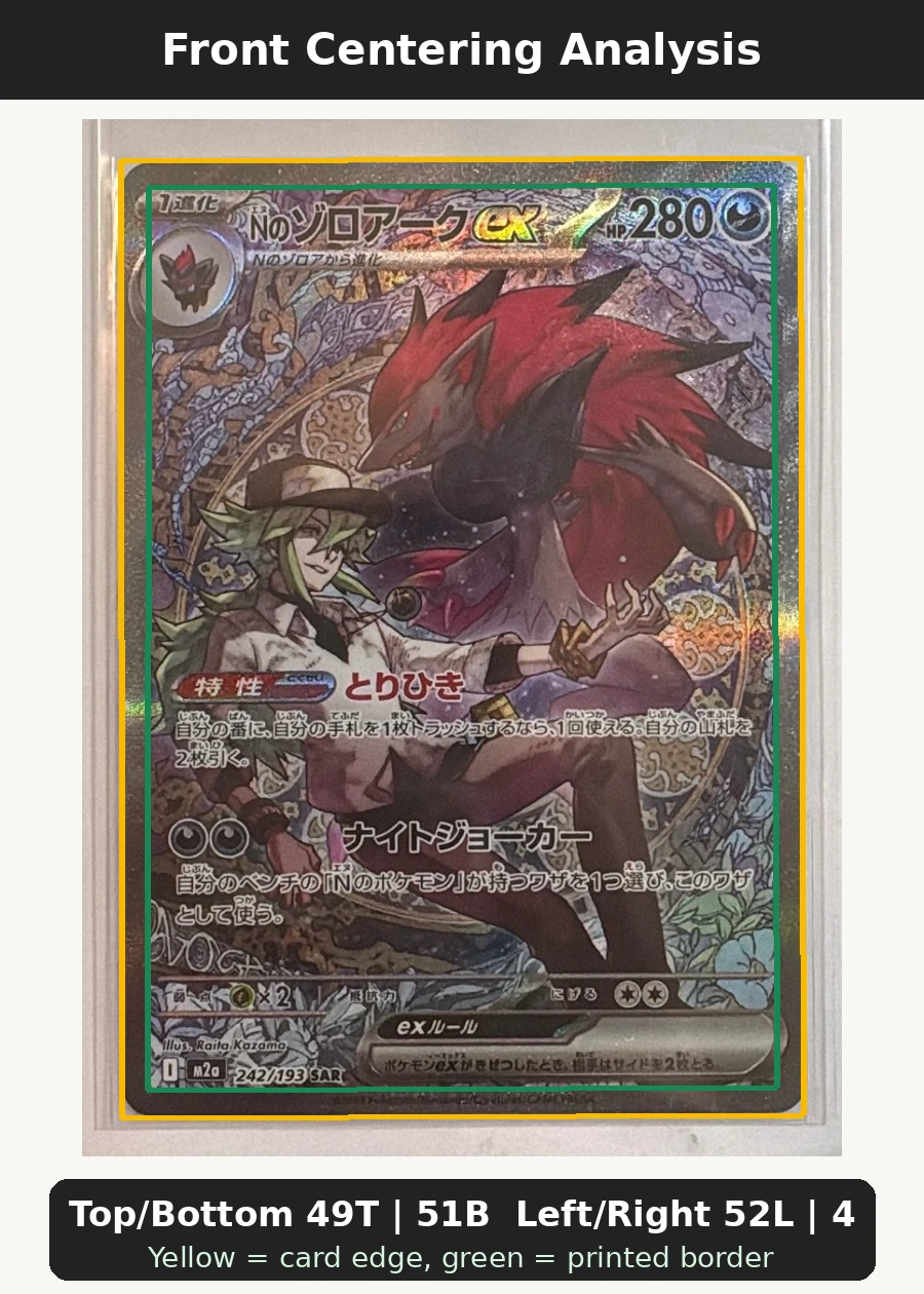 N's Zoroark ex 286/217 Ascended Heroes front centering analysis showing Top/Bottom 49T | 51B and Left/Right 52L | 48R.