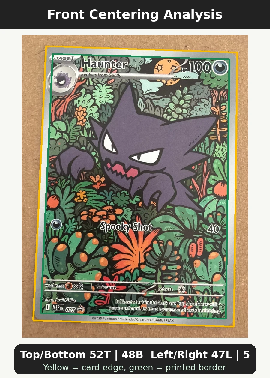 Haunter 027 MEP Black Star Promos front centering analysis showing Top/Bottom 52T | 48B and Left/Right 47L | 53R.