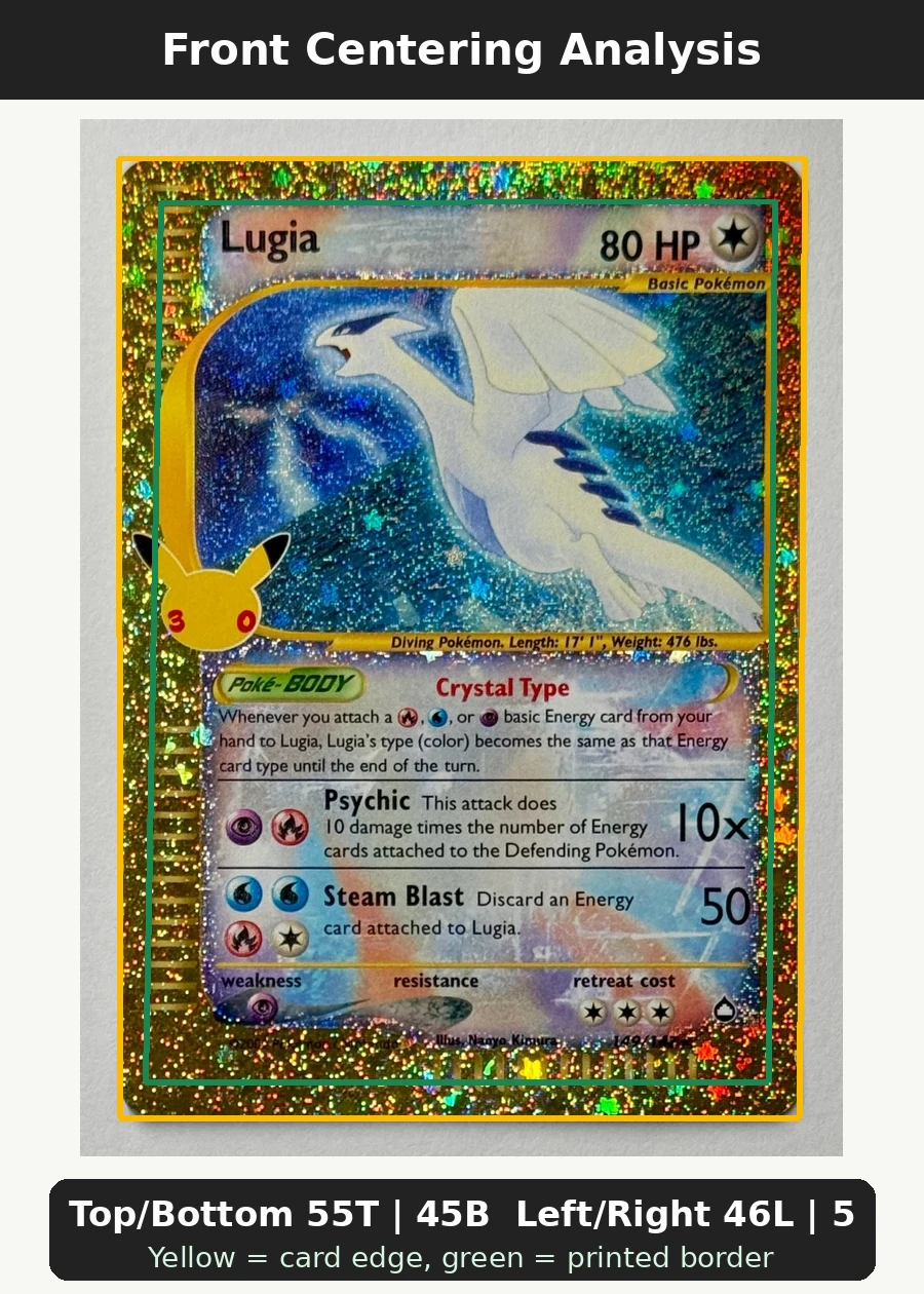 Lugia 149 30th Classic Collection front centering analysis showing Top/Bottom 55T | 45B and Left/Right 46L | 54R.