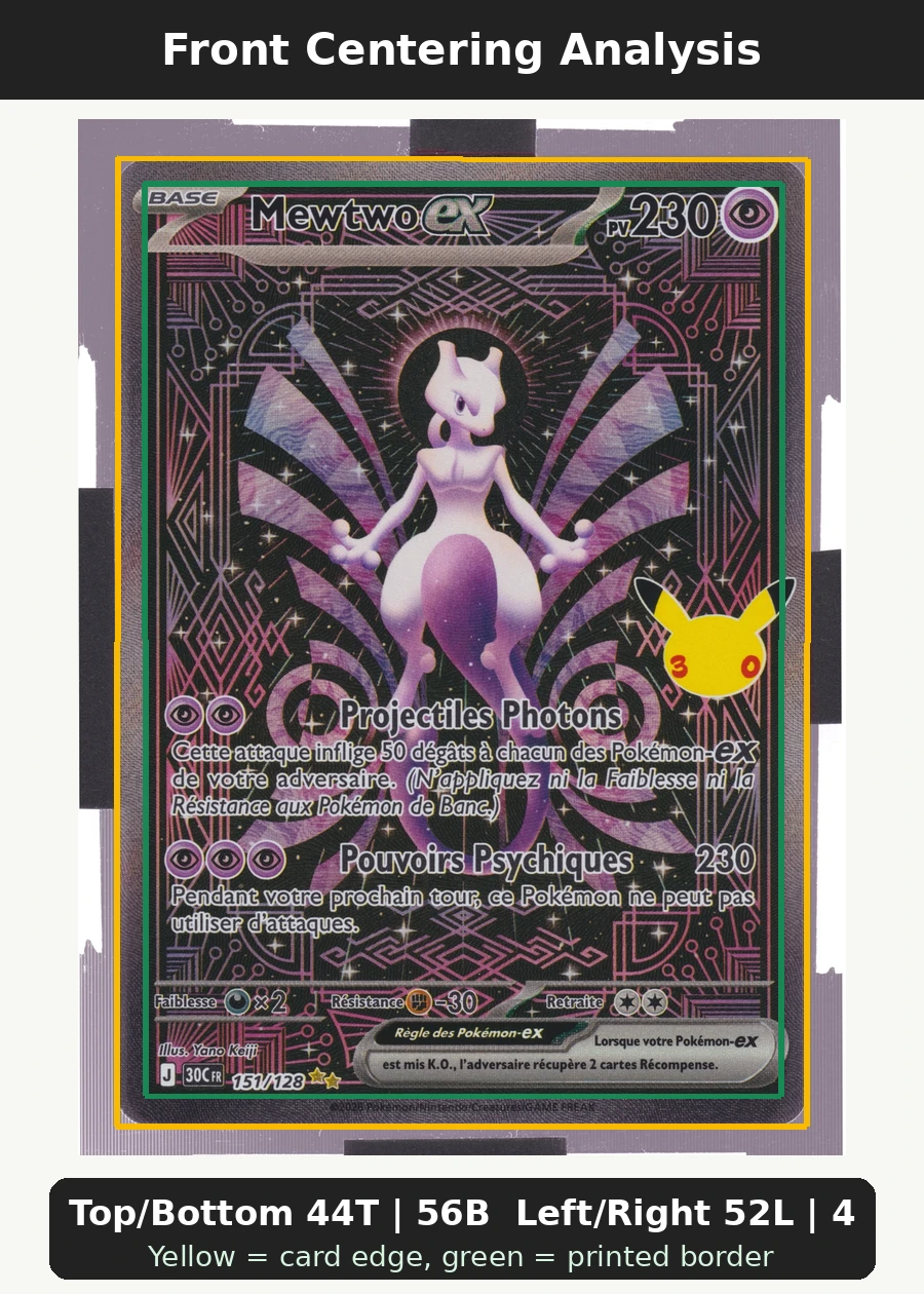 Mewtwo ex 151/128 30th Celebration front centering analysis showing Top/Bottom 44T | 56B and Left/Right 52L | 48R.