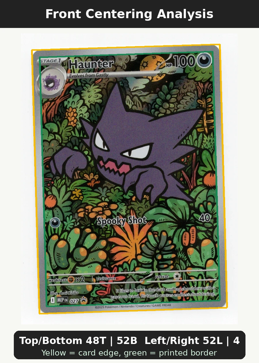 Haunter 027 MEP Black Star Promos front centering analysis showing Top/Bottom 48T | 52B and Left/Right 52L | 48R.