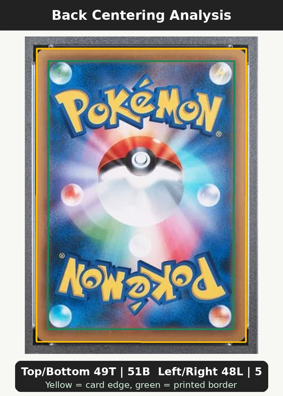 Rayquaza 232 XY Promos back centering analysis showing Top/Bottom 49T | 51B and Left/Right 48L | 52R.