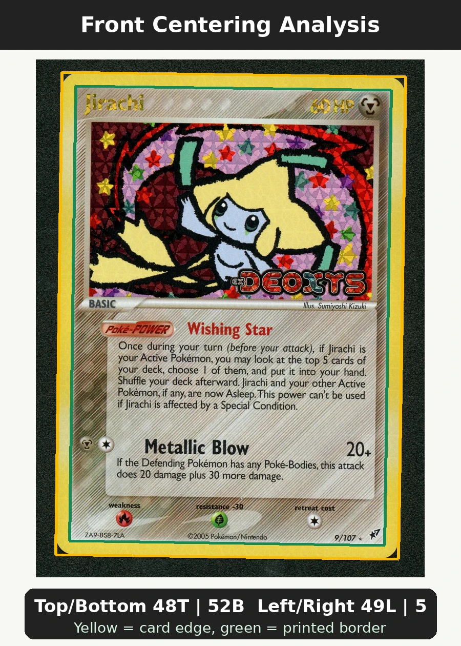 Jirachi 009/107 (Reverse Holo) Deoxys front centering analysis showing Top/Bottom 48T | 52B and Left/Right 49L | 51R.
