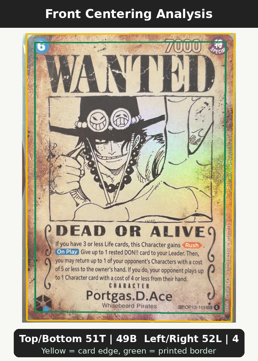 Portgas.D.Ace (OP13-119) (SP Card) OP13-119 Carrying On His Will front centering analysis showing Top/Bottom 51T | 49B and Left/Right 52L | 48R.