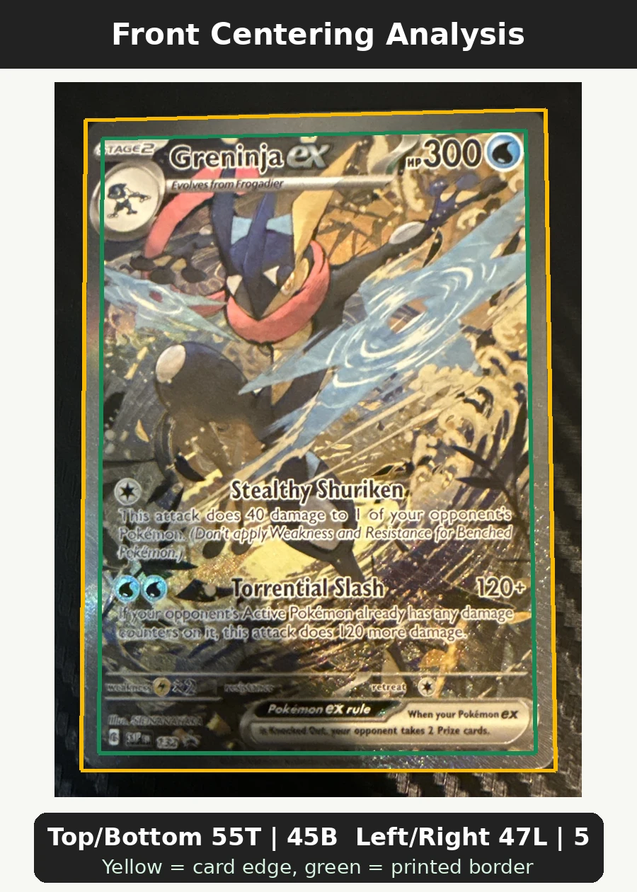 Greninja ex 132/225 SVP Black Star Promos front centering analysis showing Top/Bottom 55T | 45B and Left/Right 47L | 53R.