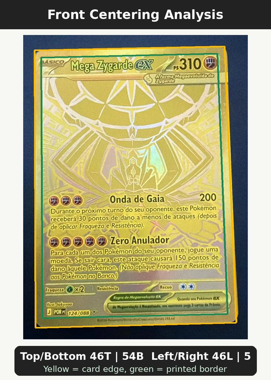 Mega Zygarde ex 124/88 Perfect Order front centering analysis showing Top/Bottom 46T | 54B and Left/Right 46L | 54R.