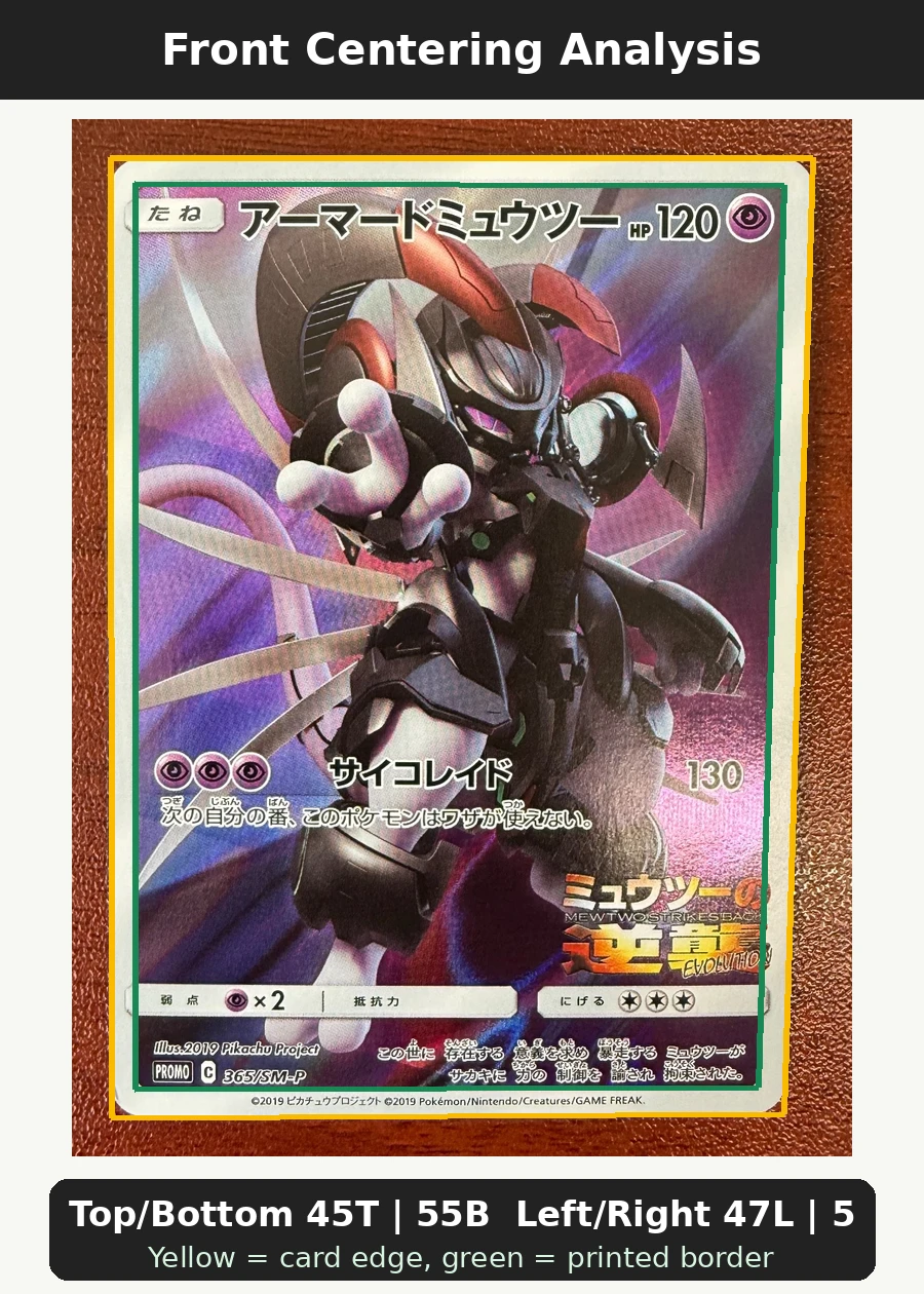 Armored Mewtwo 365 Sun & Moon Promos front centering analysis showing Top/Bottom 45T | 55B and Left/Right 47L | 53R.