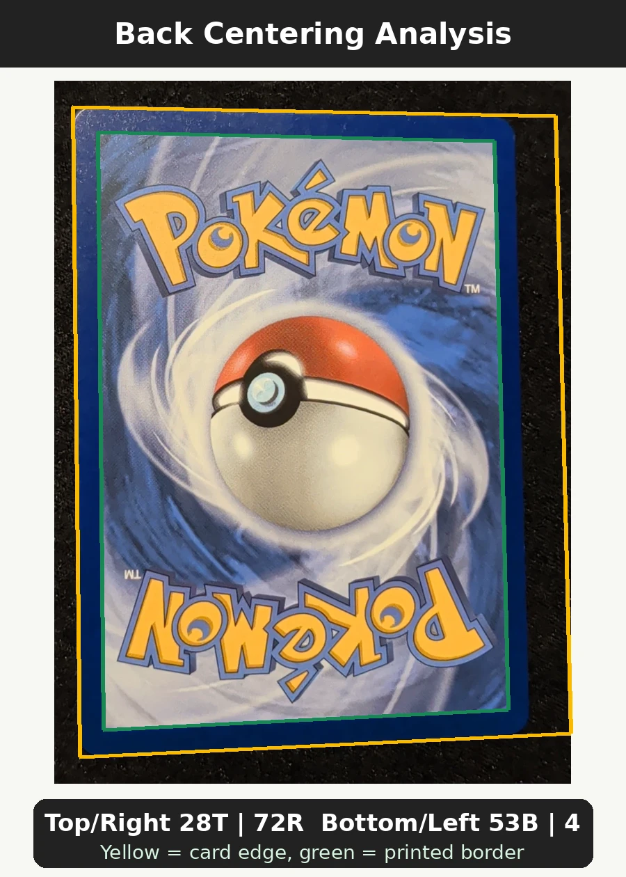 Pikachu & Zekrom GX 033 30th Classic Collection back centering analysis showing Top/Right 28T | 72R and Bottom/Left 53B | 47L.