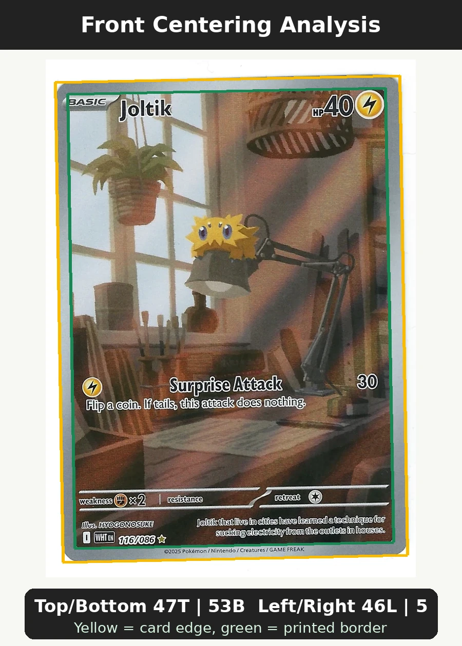 Joltik 116/86 White Flare front centering analysis showing Top/Bottom 47T | 53B and Left/Right 46L | 54R.