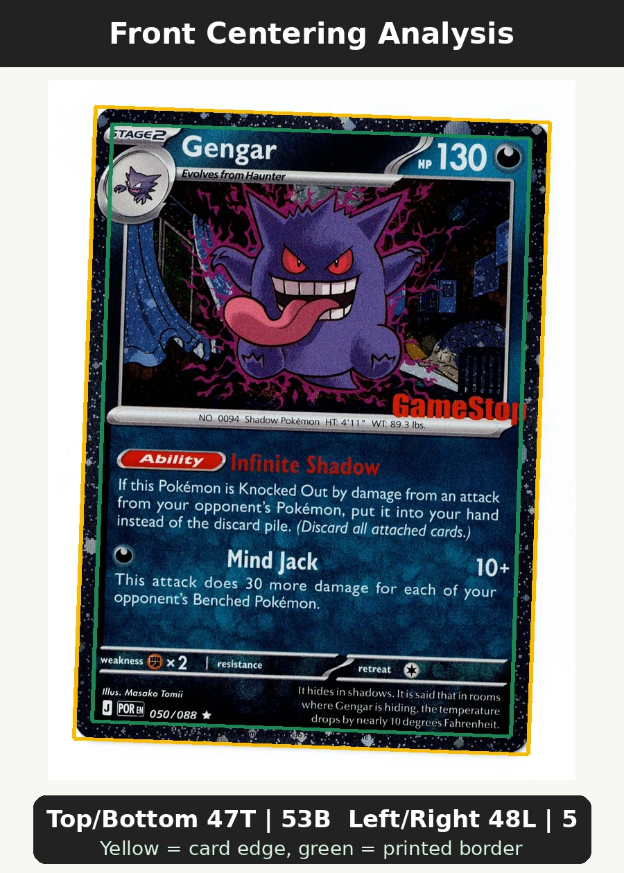 Gengar 050/88 Perfect Order front centering analysis showing Top/Bottom 47T | 53B and Left/Right 48L | 52R.