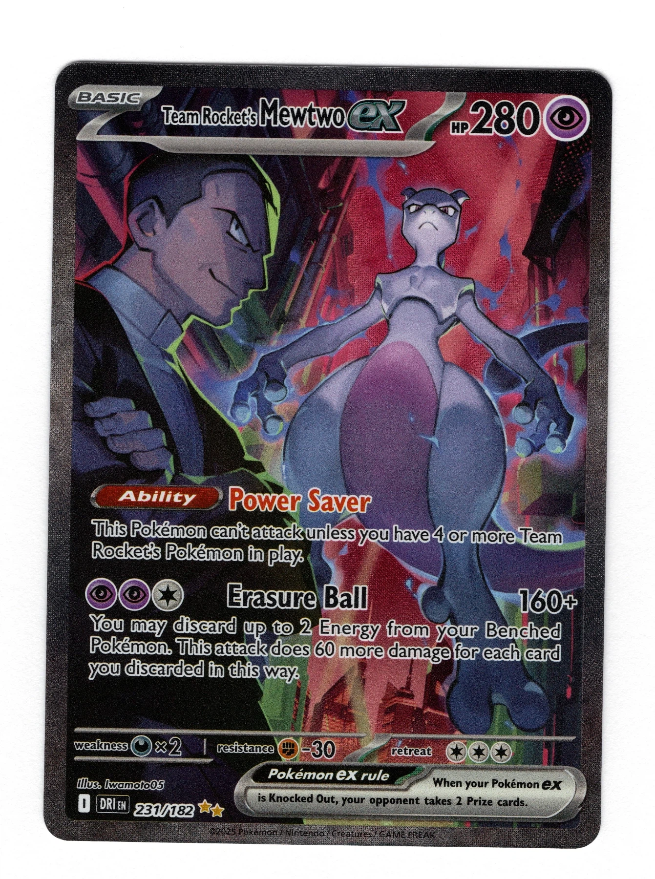 Team Rocket's Mewtwo ex 231/182 Destined Rivals front card photo in GradeValue pregrading report