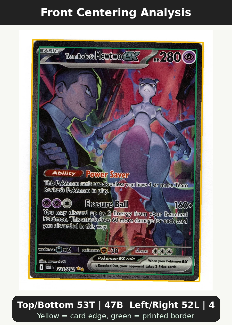 Team Rocket's Mewtwo ex 231/182 Destined Rivals front centering analysis showing Top/Bottom 53T | 47B and Left/Right 52L | 48R.