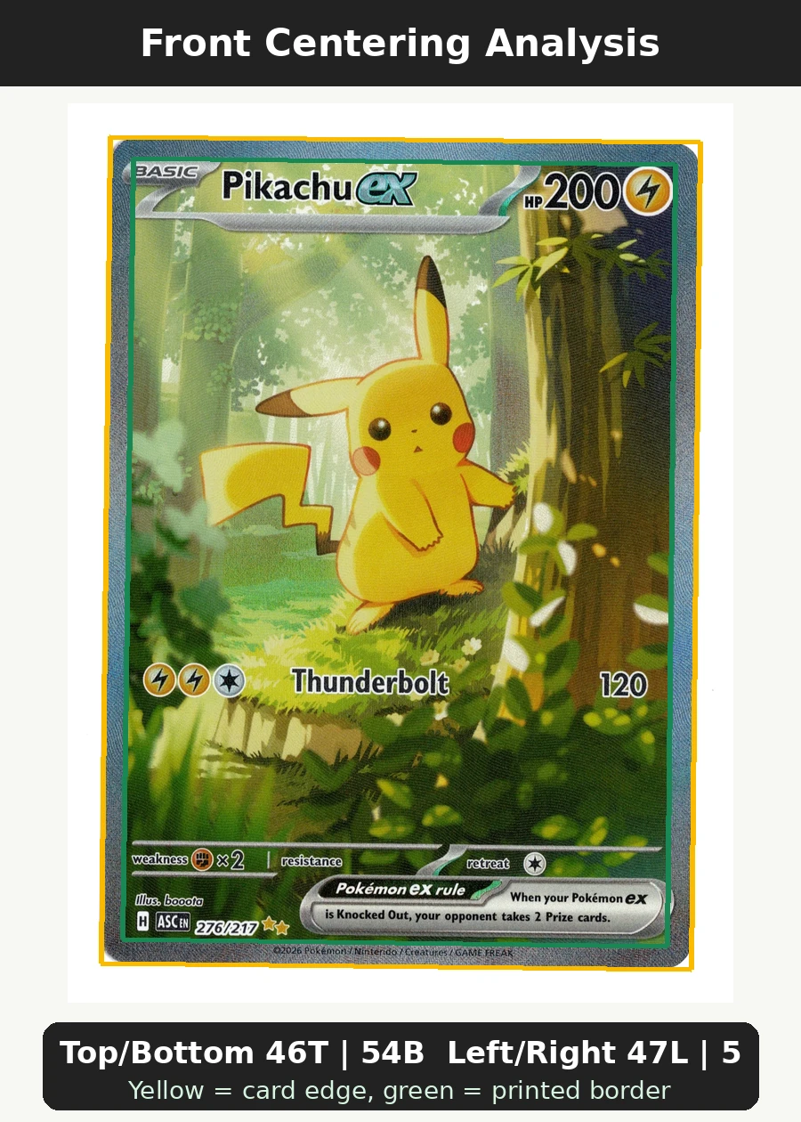 Pikachu ex 276/217 Ascended Heroes front centering analysis showing Top/Bottom 46T | 54B and Left/Right 47L | 53R.