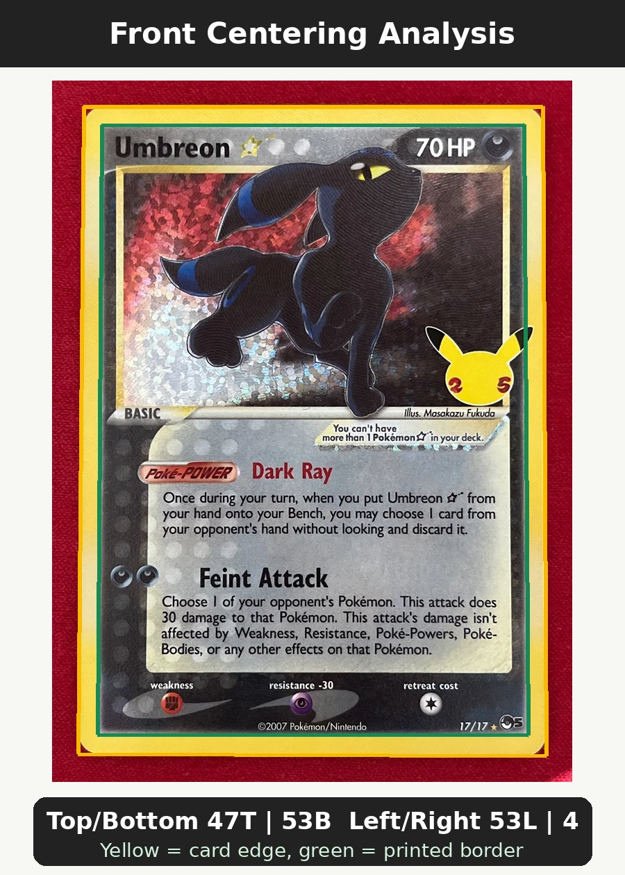 Umbreon Star 017/25 Celebrations front centering analysis showing Top/Bottom 47T | 53B and Left/Right 53L | 47R.