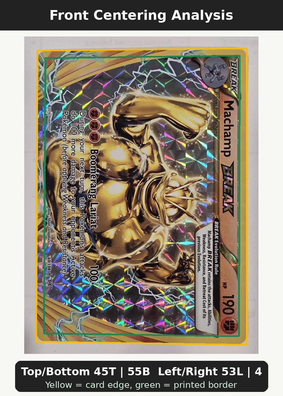 Machamp BREAK 060/108 Evolutions front centering analysis showing Top/Bottom 45T | 55B and Left/Right 53L | 47R.