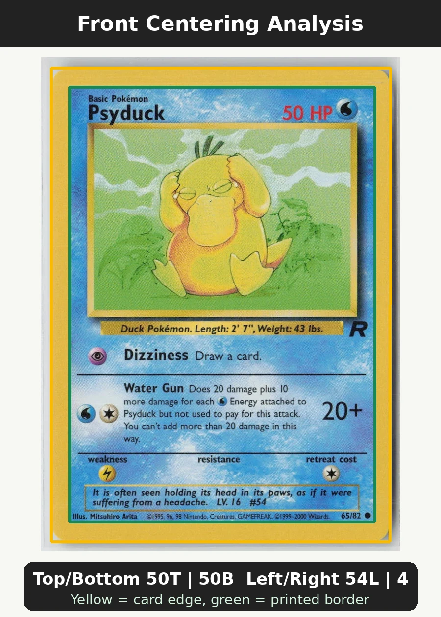 Psyduck 065/82 · Normal Team Rocket front centering analysis showing Top/Bottom 50T | 50B and Left/Right 54L | 46R.