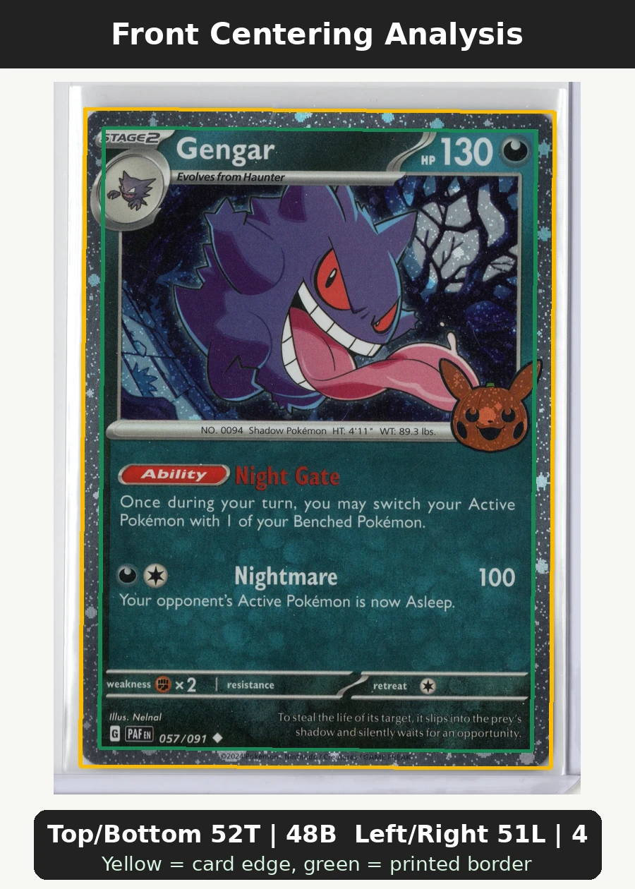 Gengar 057/91 Paldean Fates front centering analysis showing Top/Bottom 52T | 48B and Left/Right 51L | 49R.