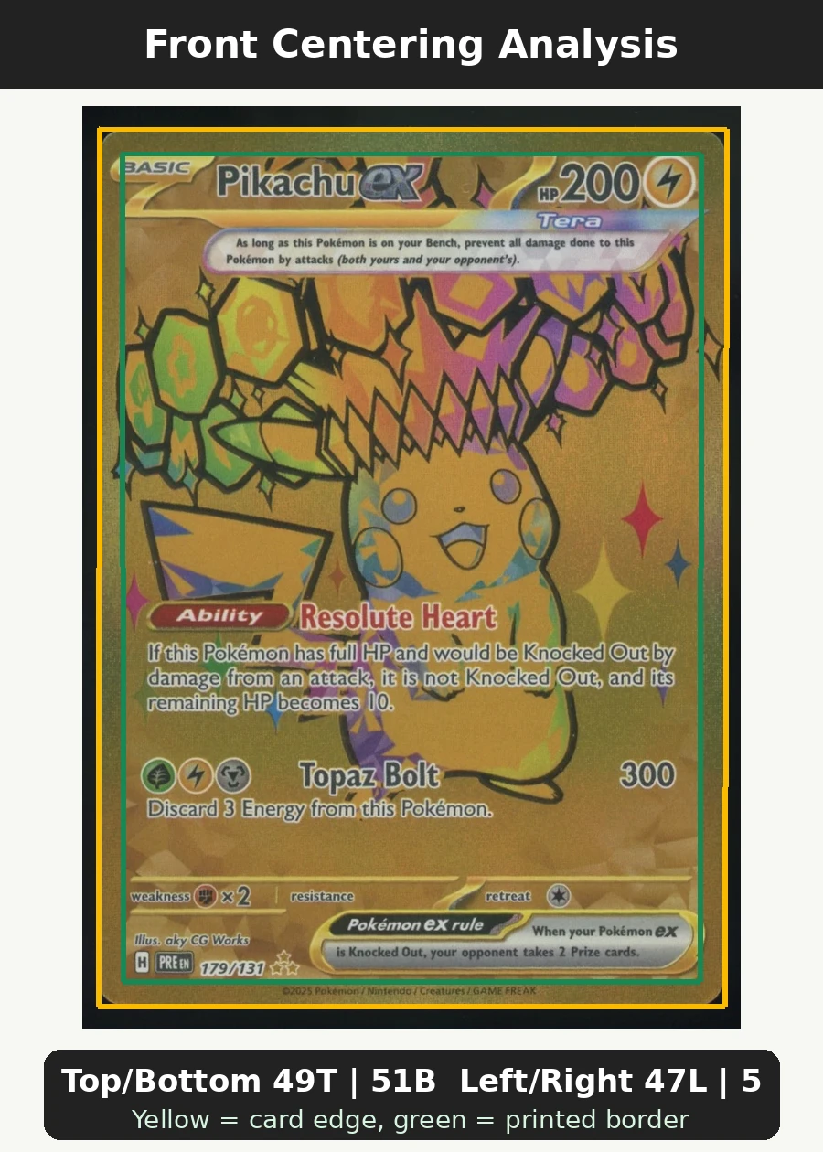 Pikachu ex 179/131 Prismatic Evolutions front centering analysis showing Top/Bottom 49T | 51B and Left/Right 47L | 53R.