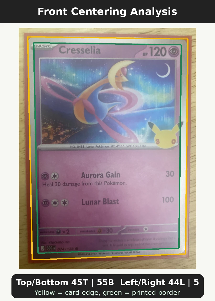 Cresselia 074/128 30th Celebration front centering analysis showing Top/Bottom 45T | 55B and Left/Right 44L | 56R.