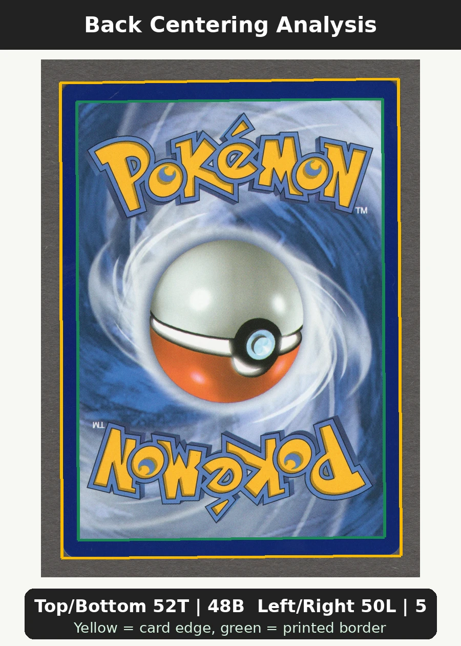 Pikachu ex 238/191 Surging Sparks back centering analysis showing Top/Bottom 52T | 48B and Left/Right 50L | 50R.