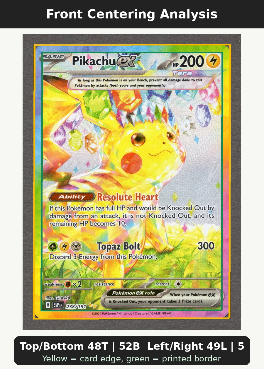 Pikachu ex 238/191 Surging Sparks front centering analysis showing Top/Bottom 48T | 52B and Left/Right 49L | 51R.