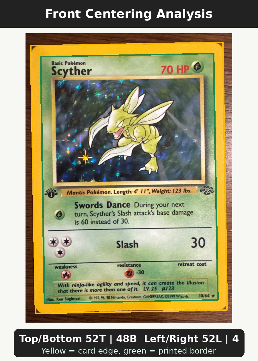 Scyther 010/64 Jungle front centering analysis showing Top/Bottom 52T | 48B and Left/Right 52L | 48R.