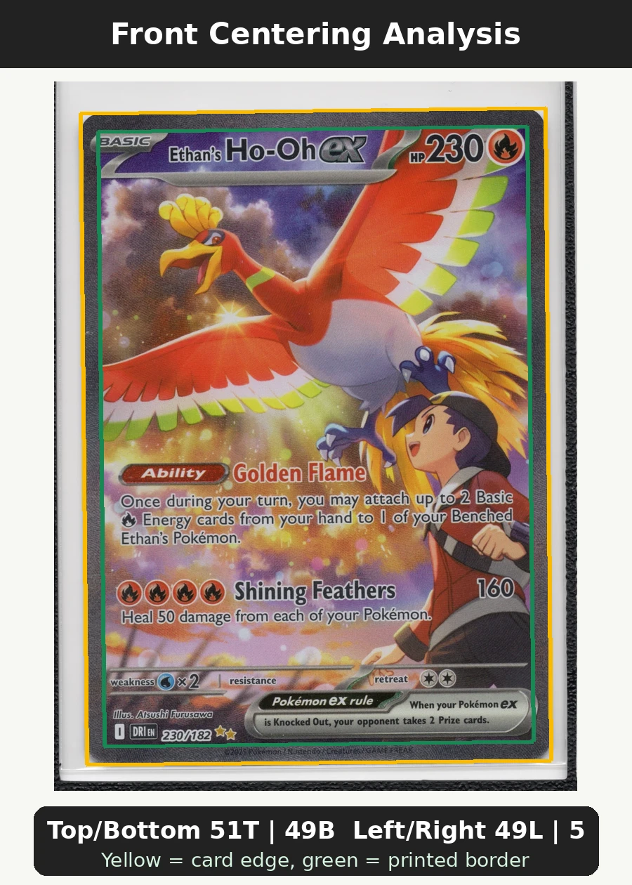 Ethan's Ho-Oh ex 230/182 Destined Rivals front centering analysis showing Top/Bottom 51T | 49B and Left/Right 49L | 51R.