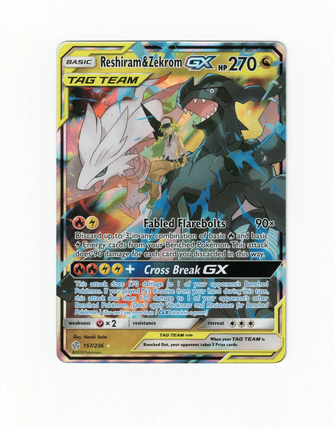Reshiram & Zekrom GX 157/236 Cosmic Eclipse front card photo in GradeValue pregrading report