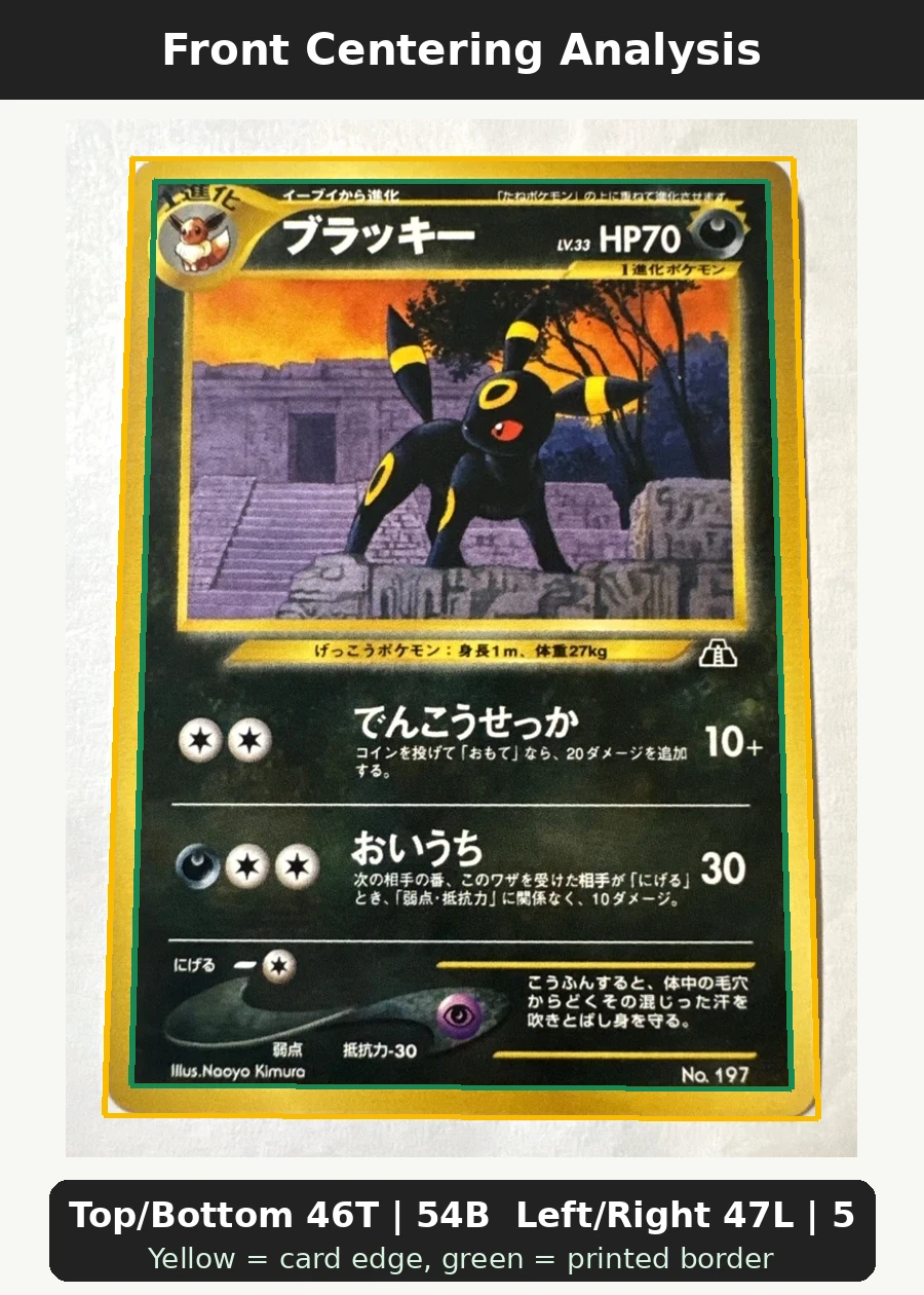 Umbreon 032/75 Neo Discovery front centering analysis showing Top/Bottom 46T | 54B and Left/Right 47L | 53R.