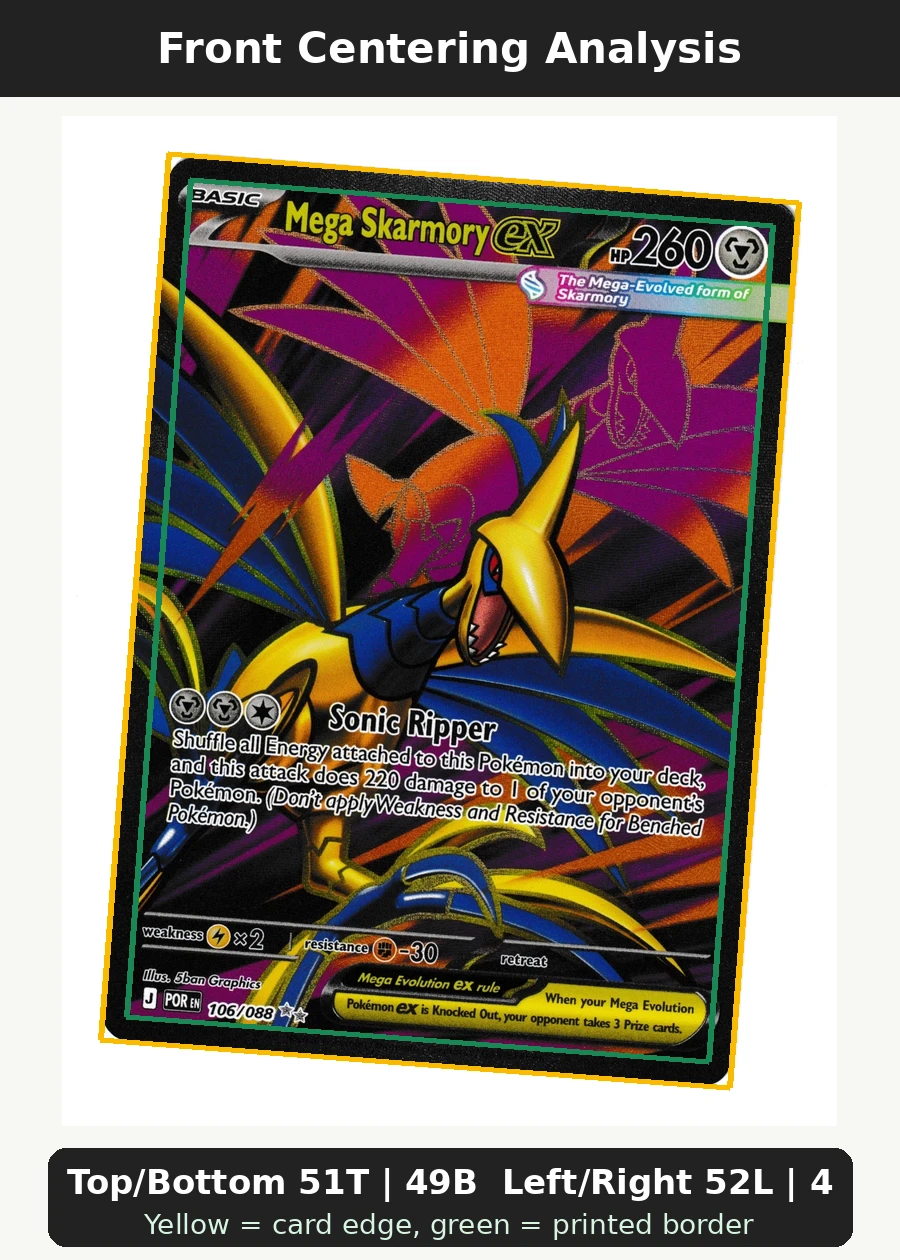 Mega Skarmory ex 106/88 Perfect Order front centering analysis showing Top/Bottom 51T | 49B and Left/Right 52L | 48R.