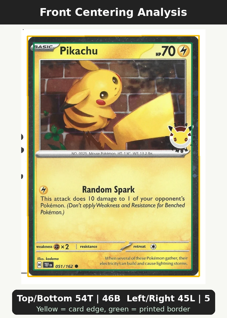 Pikachu 051/162 Temporal Forces front centering analysis showing Top/Bottom 54T | 46B and Left/Right 45L | 55R.