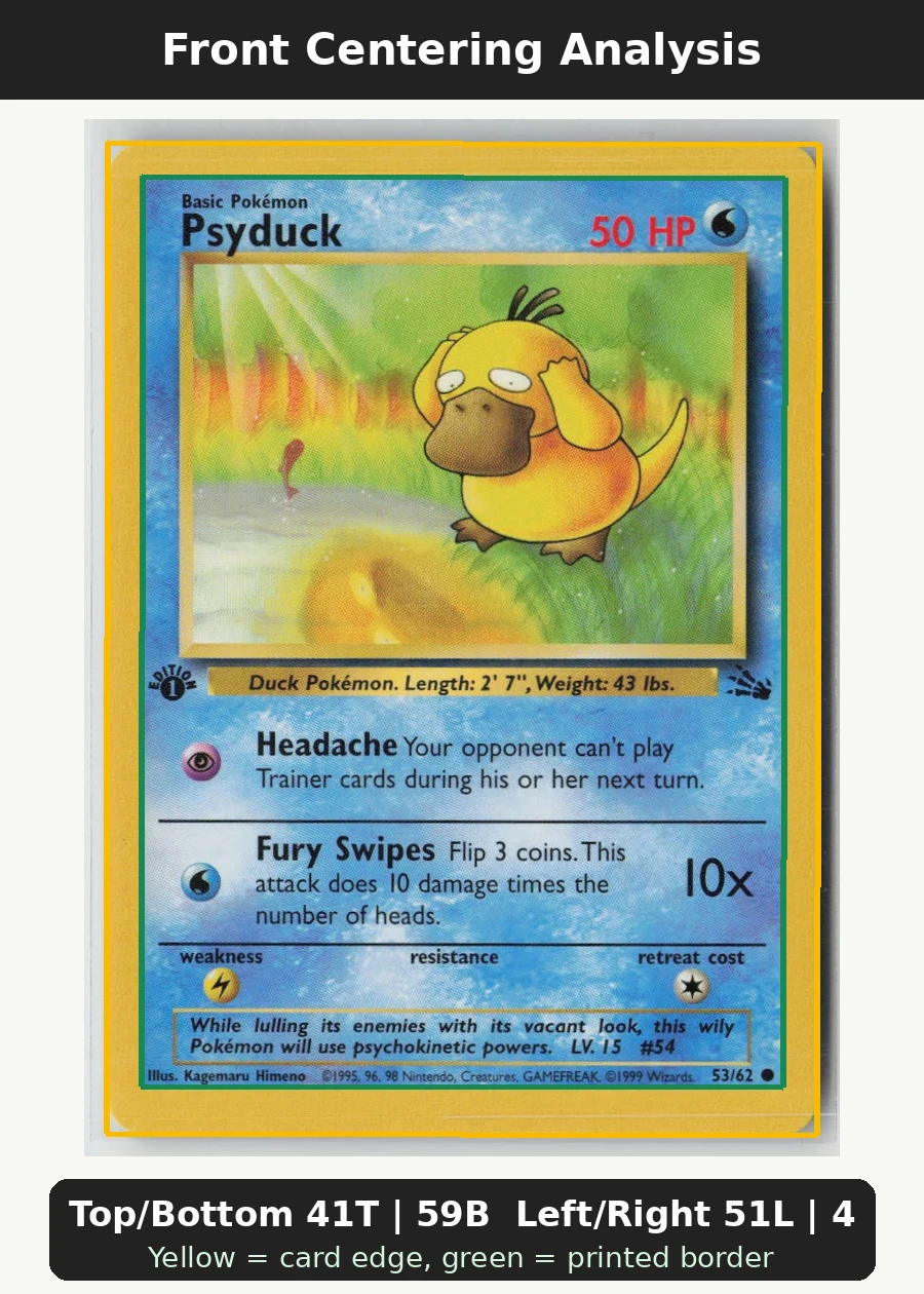 Psyduck 053/62 · First Edition Stamp Fossil front centering analysis showing Top/Bottom 41T | 59B and Left/Right 51L | 49R.