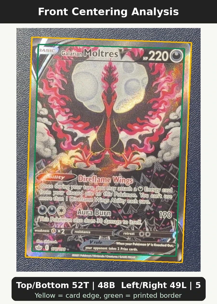 Galarian Moltres V 177/198 Chilling Reign front centering analysis showing Top/Bottom 52T | 48B and Left/Right 49L | 51R.