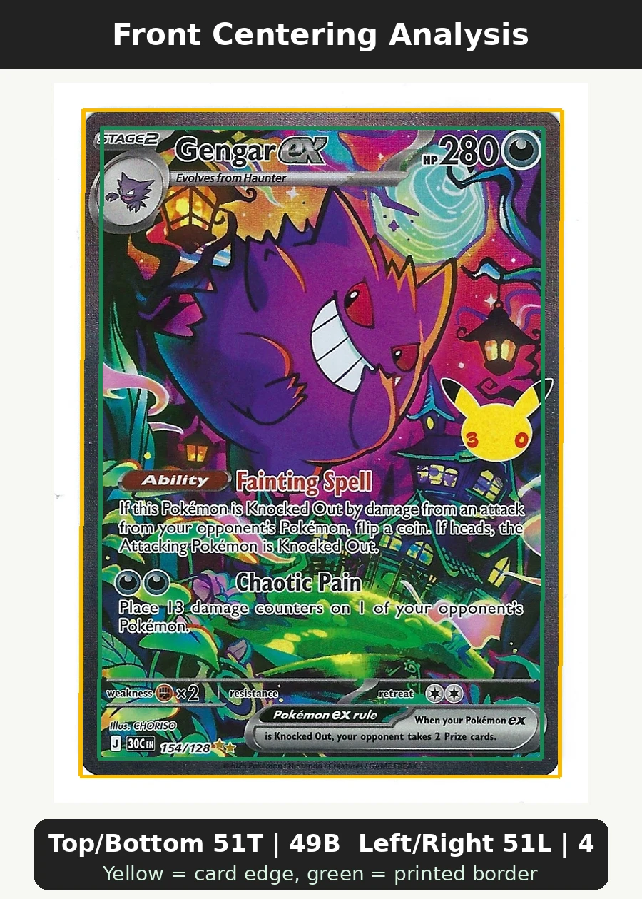 Gengar ex 154/128 30th Celebration front centering analysis showing Top/Bottom 51T | 49B and Left/Right 51L | 49R.