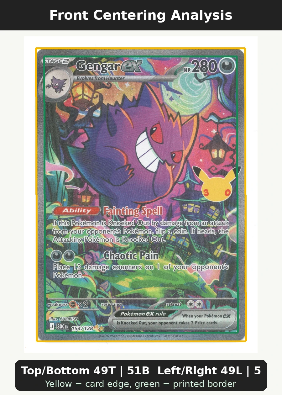 Gengar ex 154/128 30th Celebration front centering analysis showing Top/Bottom 49T | 51B and Left/Right 49L | 51R.