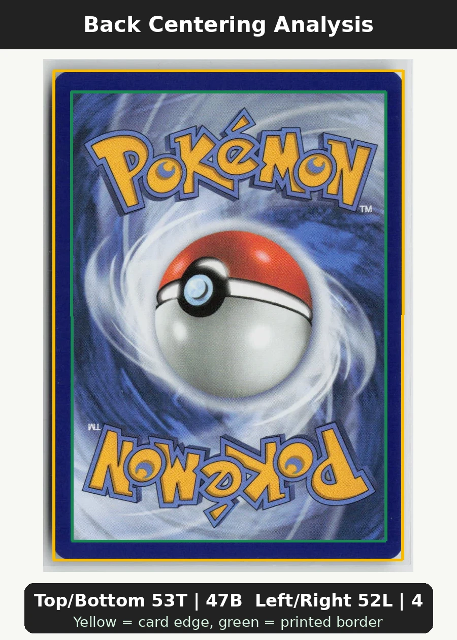 Psyduck 039/217 · Pokeball Holo Ascended Heroes back centering analysis showing Top/Bottom 53T | 47B and Left/Right 52L | 48R.
