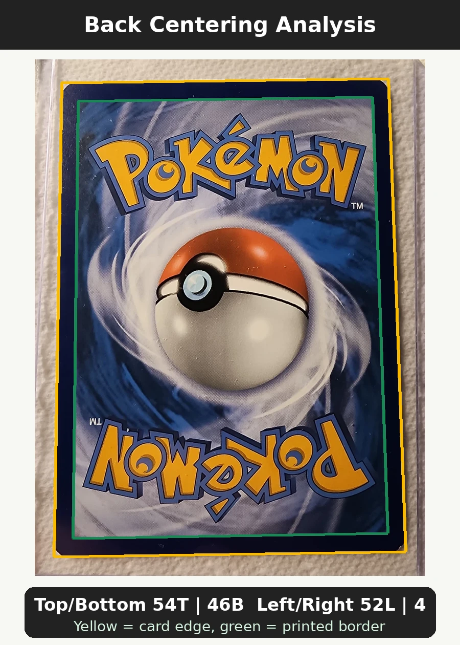 Charizard VSTAR SWSH262/307 SWSH Black Star Promos back centering analysis showing Top/Bottom 54T | 46B and Left/Right 52L | 48R.