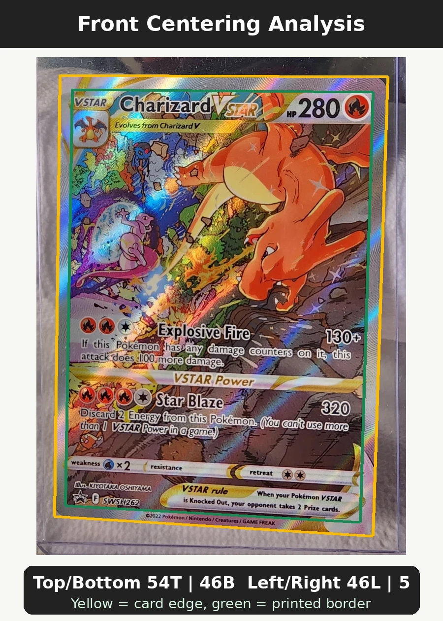 Charizard VSTAR SWSH262/307 SWSH Black Star Promos front centering analysis showing Top/Bottom 54T | 46B and Left/Right 46L | 54R.