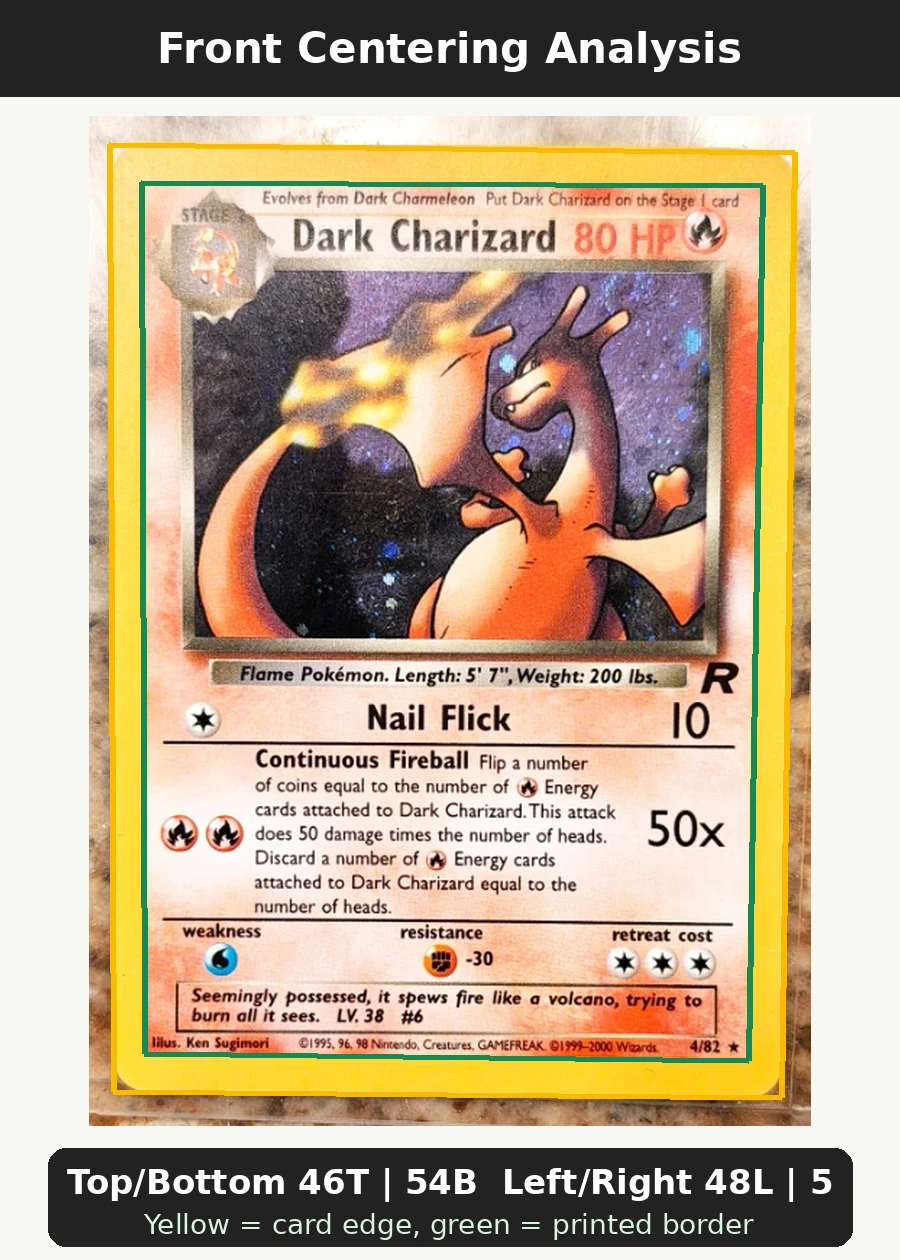Dark Charizard 004/82 Team Rocket front centering analysis showing Top/Bottom 46T | 54B and Left/Right 48L | 52R.