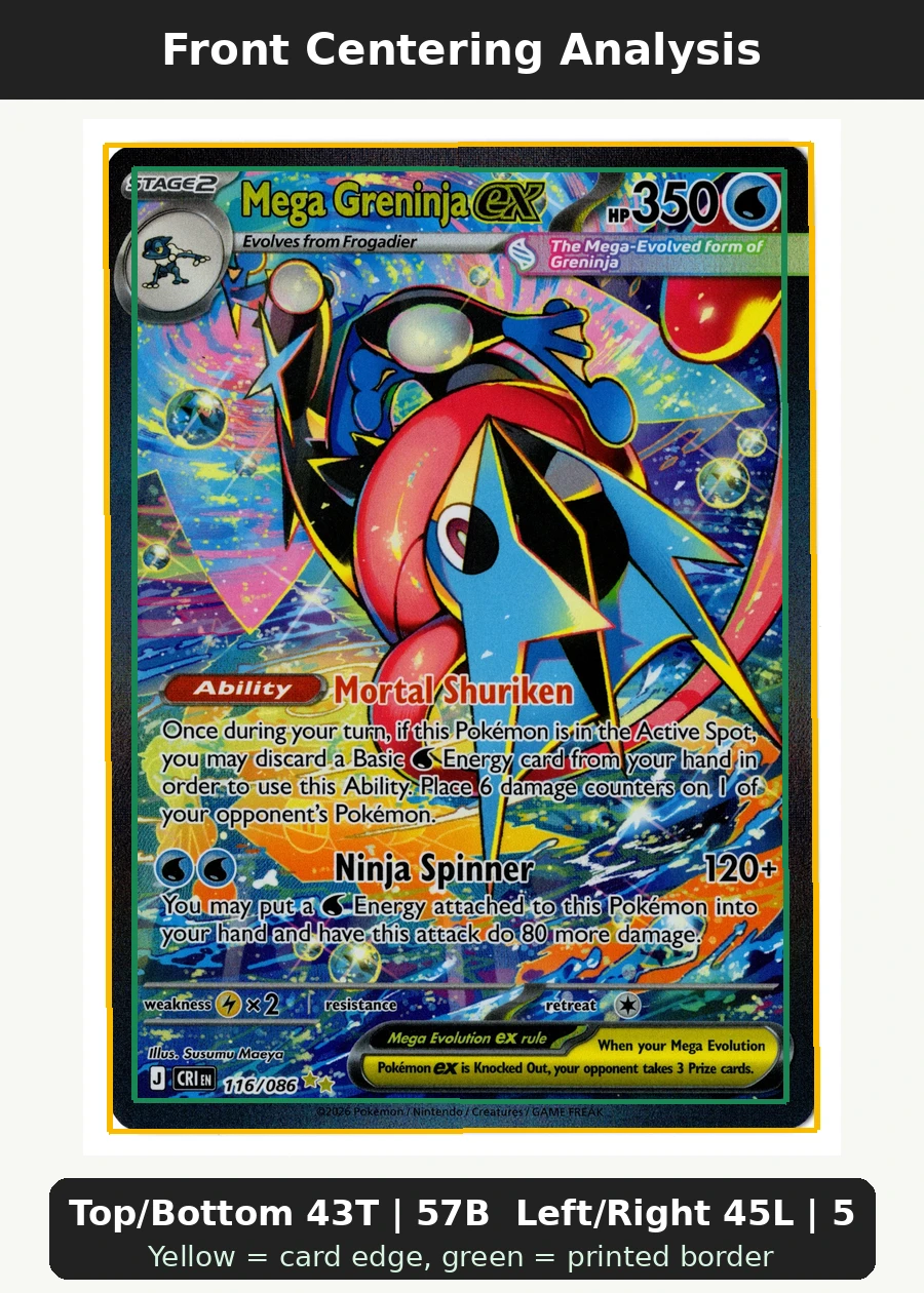 Mega Greninja ex 116/86 Chaos Rising front centering analysis showing Top/Bottom 43T | 57B and Left/Right 45L | 55R.