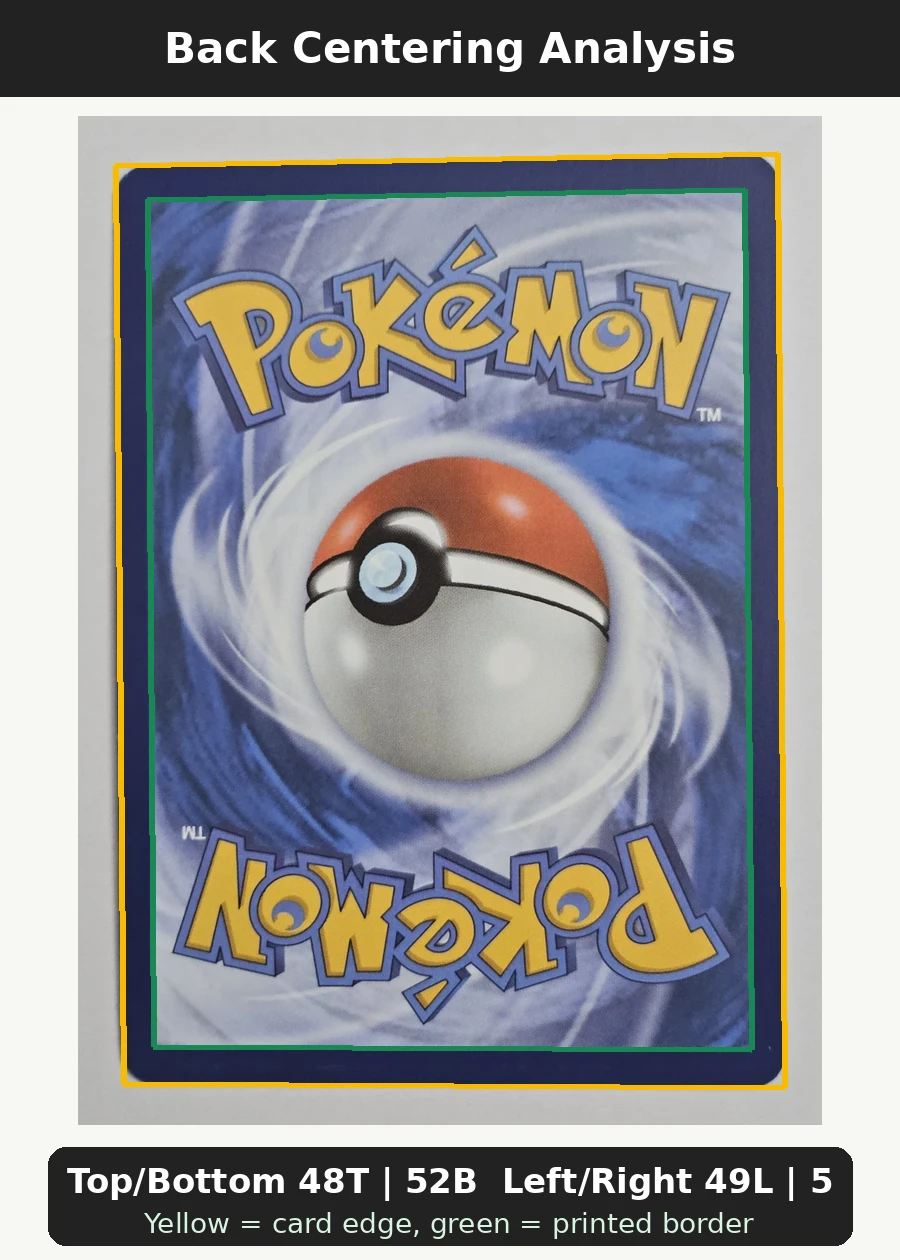 Haunter 027 MEP Black Star Promos back centering analysis showing Top/Bottom 48T | 52B and Left/Right 49L | 51R.